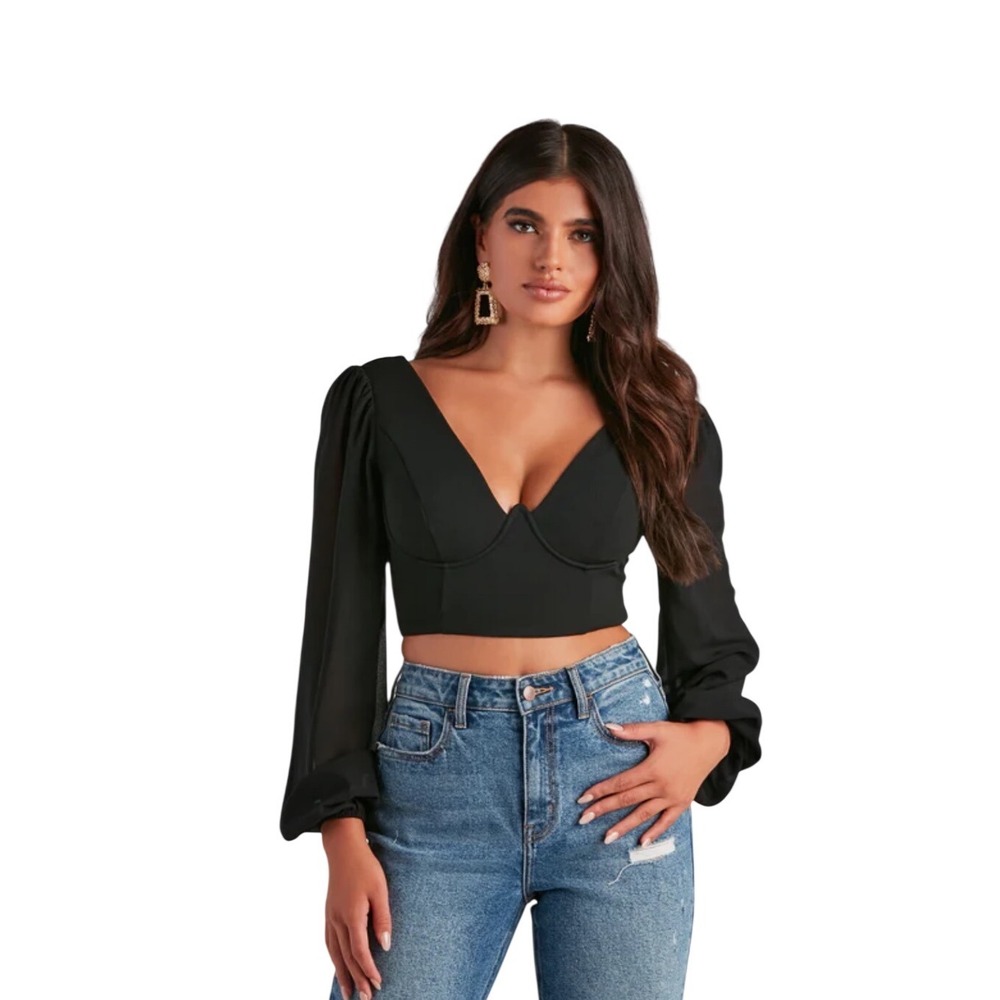 Windsor Black‎ Long Sleeve Corset Crop Top Sheer Bishop Sleeve V-Neck Medium
